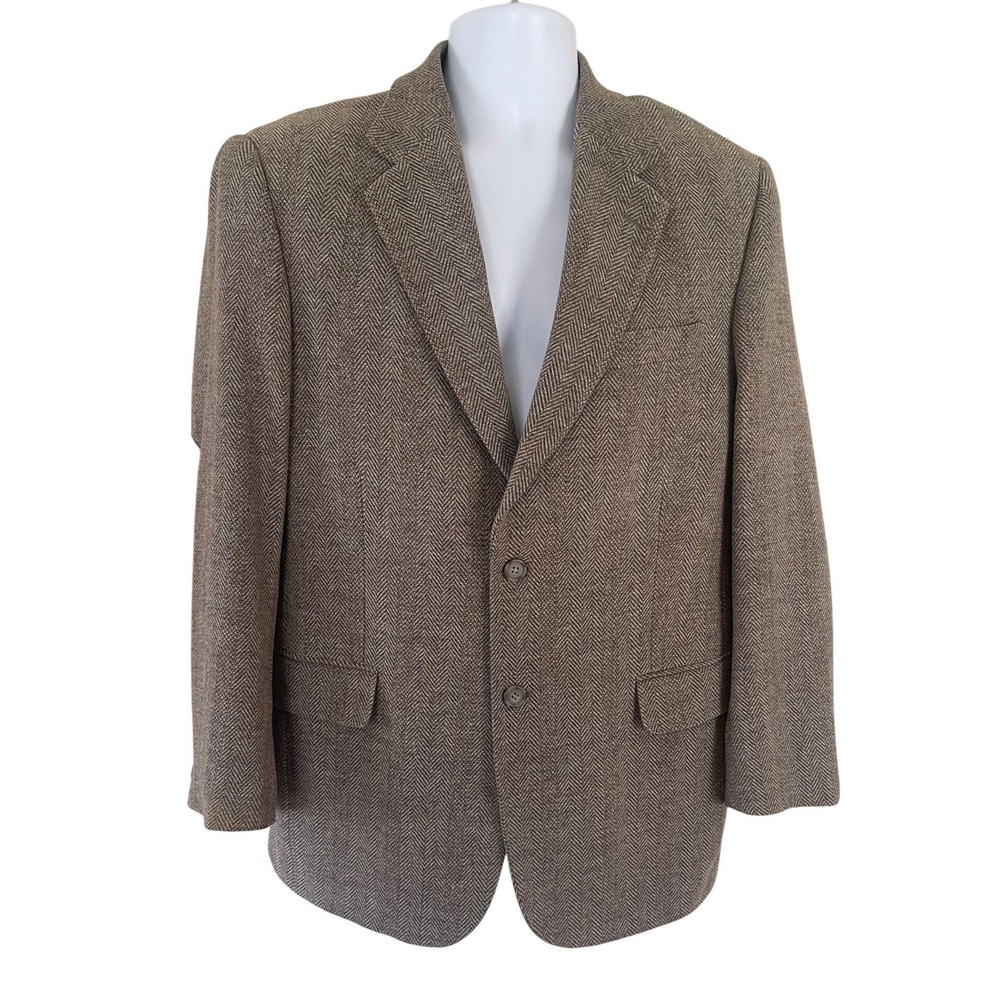 LA CROSSE Men's 40R Brown Herringbone Wool‎ Tweed Blazer Jacket Elbow Patches